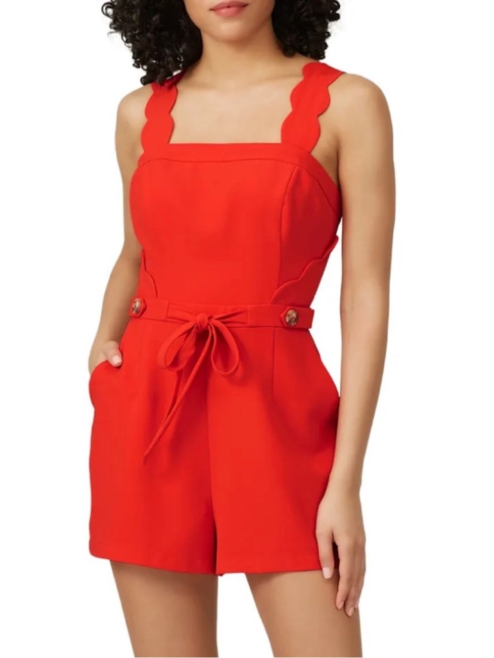 Adelyn Rae Red Scalloped-Strap Tie-Waist Romper